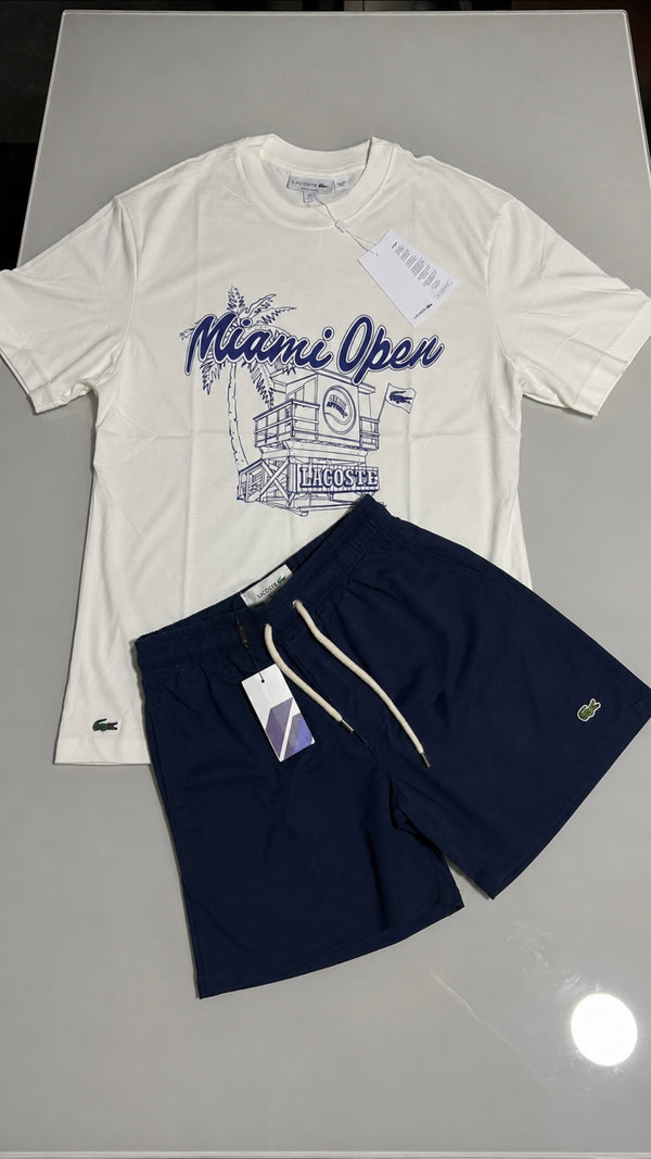 CAMISETA BRANCA MIAMI OPEN + BERMUDA DE LINHO AZUL MARINHO